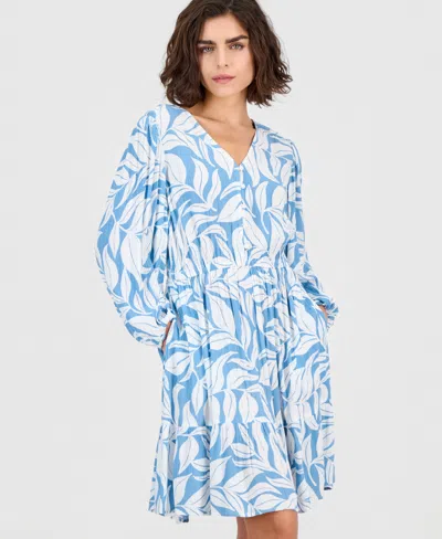 Style & Co Petite Printed Blouson-sleeve Babydoll Dress, Macy's Exclusive In Blue