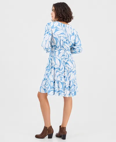Style & Co Petite Printed Blouson-sleeve Babydoll Dress, Macy's Exclusive In Blue