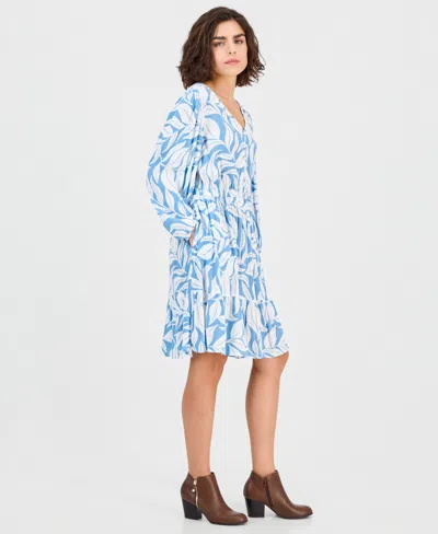 Style & Co Petite Printed Blouson-sleeve Babydoll Dress, Macy's Exclusive In Blue