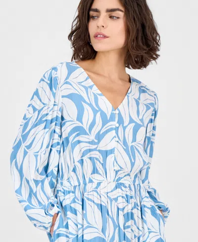 Style & Co Petite Printed Blouson-sleeve Babydoll Dress, Macy's Exclusive In Blue
