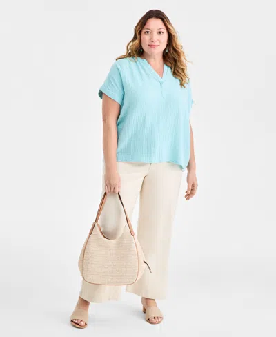 Style & Co Plus Size Cotton V-neck Dolman-sleeve Top, Macy's Exclusive In Blue