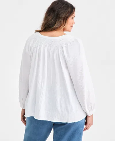 Style & Co Plus Size Cotton Smocked Tie-neck Top, Macy's Exclusive In White