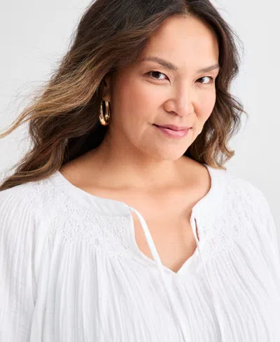 Style & Co Plus Size Cotton Smocked Tie-neck Top, Macy's Exclusive In White