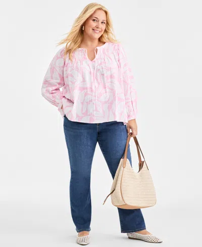 Style & Co Plus Size Printed Smocked Tie-neck Top, Macy's Exclusive In Pink