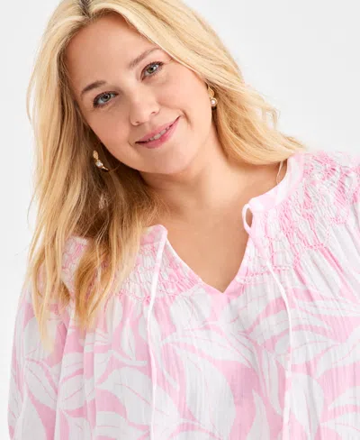 Style & Co Plus Size Printed Smocked Tie-neck Top, Macy's Exclusive In Pink