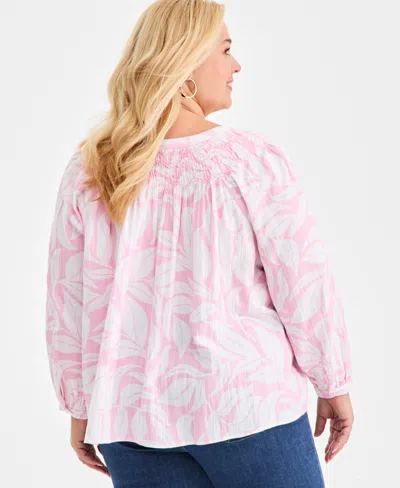 Style & Co Plus Size Printed Smocked Tie-neck Top, Macy's Exclusive In Pink