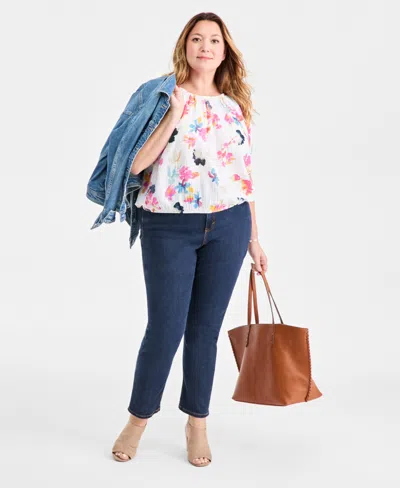 Style & Co Plus Size Cotton Puff-sleeve Bubble Top, Macy's Exclusive In Multi