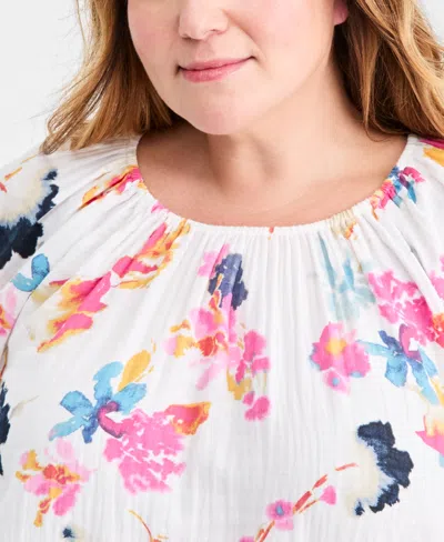 Style & Co Plus Size Cotton Puff-sleeve Bubble Top, Macy's Exclusive In Multi