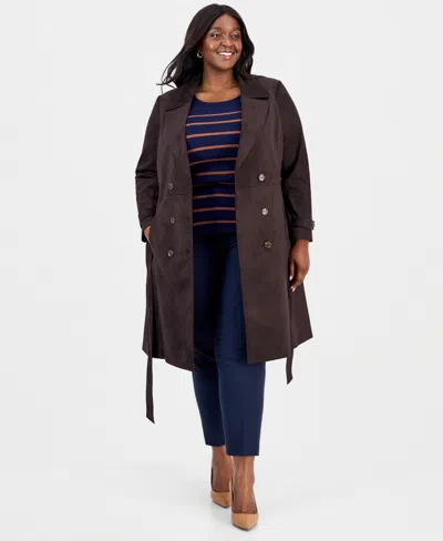 Tahari Asl Plus Size Faux-suede Trench Coat In Brown