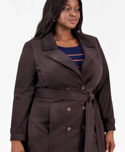 Tahari Asl Plus Size Faux-suede Trench Coat In Brown