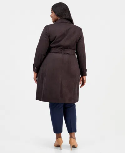Tahari Asl Plus Size Faux-suede Trench Coat In Brown