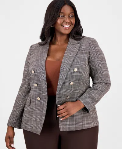 Tahari Asl Plus Size Plaid Peak Lapel Double-breasted Blazer In Gray