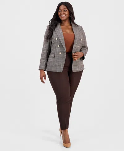 Tahari Asl Plus Size Plaid Peak Lapel Double-breasted Blazer In Gray
