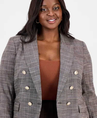 Tahari Asl Plus Size Plaid Peak Lapel Double-breasted Blazer In Gray