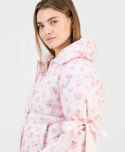 Madden Girl Juniors' Printed Bow-trim Puffer Jacket In Pink