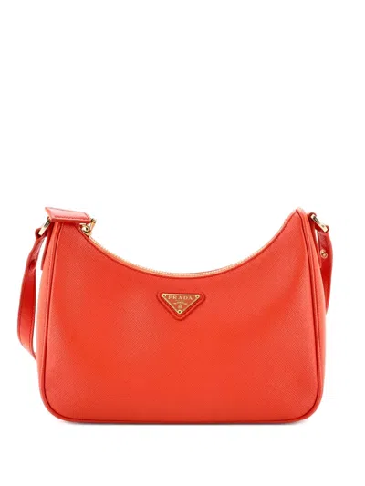 Pre-owned Prada Adjustable Handle Zip Saffiano Leather Mini Hobo Bag In Orange