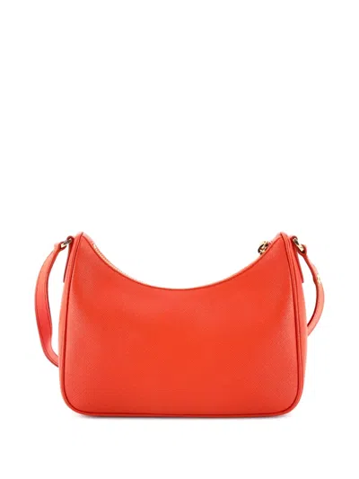 Pre-owned Prada Adjustable Handle Zip Saffiano Leather Mini Hobo Bag In Orange
