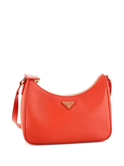 Pre-owned Prada Adjustable Handle Zip Saffiano Leather Mini Hobo Bag In Orange