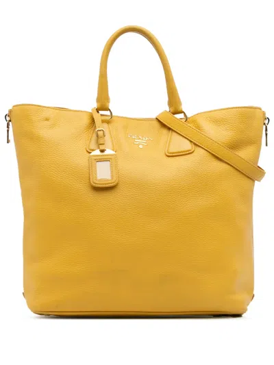 Pre-owned Prada 2000-2025 Vitello Daino Side Zip Open Convertible Tote Satchel In Yellow