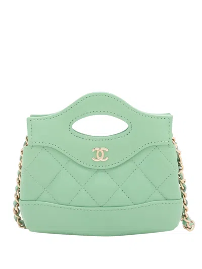 Pre-owned Chanel 2021-2025 Micro Shiny Lambskin 31 Clutch With Chain Satchel In Green