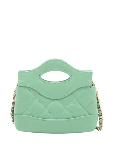 Pre-owned Chanel 2021-2025 Micro Shiny Lambskin 31 Clutch With Chain Satchel In Green