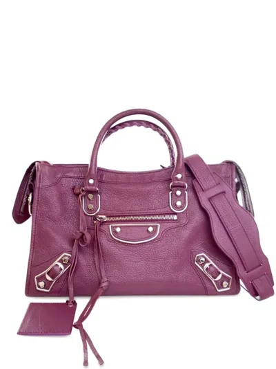 Pre-owned Balenciaga 2017 Small Chevre Motocross Classic Metallic Edge City Satchel In Purple