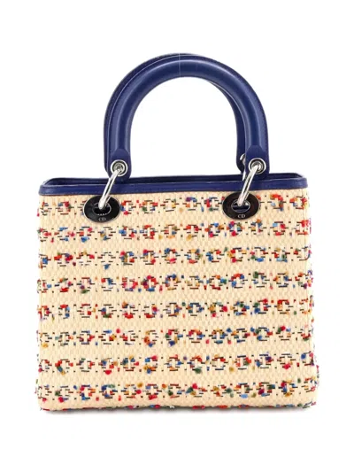 Pre-owned Dior Lady  Bag Woven Raffia With Tweed And Leather Medium Tote Bag In Neutral