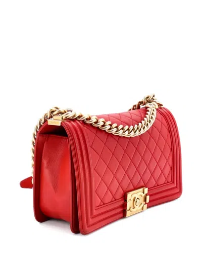 Pre-owned Chanel Boy Flap Bag Quilted Lambskin Old Medium Shoulder Bag In Red