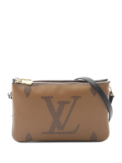 Pre-owned Louis Vuitton 2021-2025 Monogram Giant Reverse Double Zip Pochette Crossbody Bag In Brown