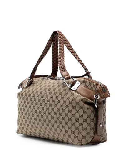 Pre-owned Gucci 2016-2025 Medium Gg Canvas Bamboo Bar Tote Bag In Brown