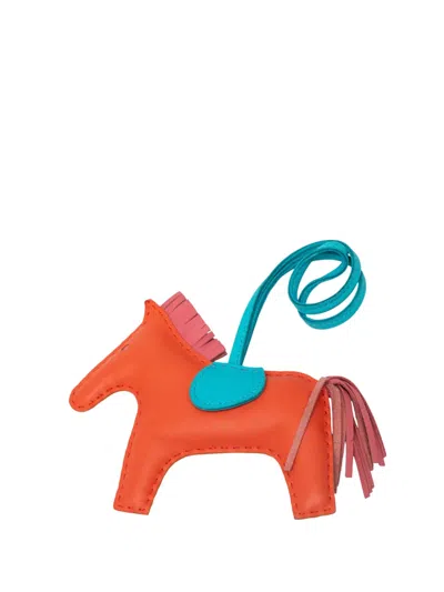 Pre-owned Hermes 2020-2025 Milo Lambskin Grigri Rodeo Bag Charm Mm Key Chain In Orange