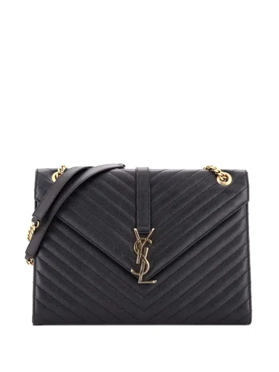 Pre-owned Saint Laurent Classic Monogram Envelope Satchel Matelasse Chevron Leather Large Shoulder Bag In Black