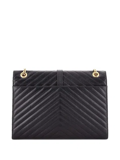 Pre-owned Saint Laurent Classic Monogram Envelope Satchel Matelasse Chevron Leather Large Shoulder Bag In Black