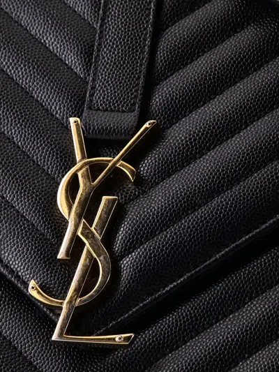 Pre-owned Saint Laurent Classic Monogram Envelope Satchel Matelasse Chevron Leather Large Shoulder Bag In Black