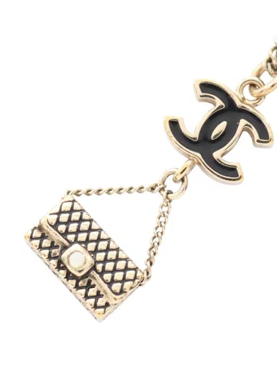 Pre-owned Chanel 2003 Cc Gold Plated Enamel Flap Bag Pendant Necklace Costume Necklace In Black