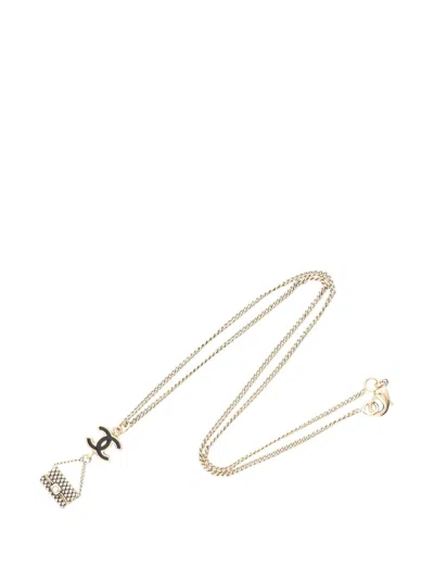 Pre-owned Chanel 2003 Cc Gold Plated Enamel Flap Bag Pendant Necklace Costume Necklace In Black