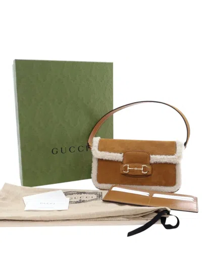 Pre-owned Gucci 2016-2025 Mini Shearling Suede 1955 Horsebit Handbag In Brown