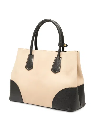 Pre-owned Prada 2010-2025 Medium Saffiano Trimmed Canapa Double Satchel In Brown