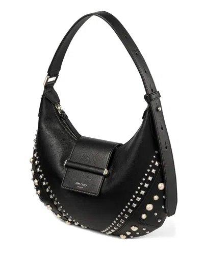 Jimmy Choo Small Bar Hobo Studded Pearl Shoulder Bag In Black
