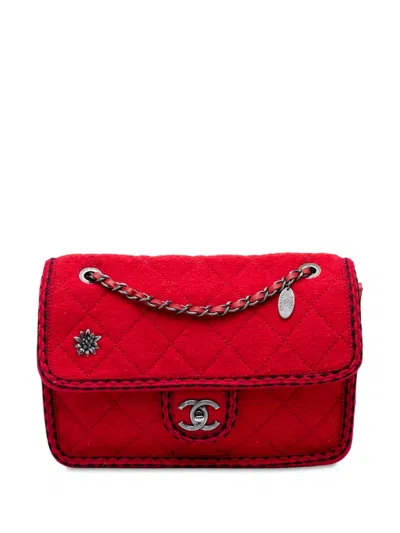 Pre-owned Chanel 2015-2016 Paris-salzburg Medium Quilted Wool Edelweiss Flap Crossbody Bag In Red