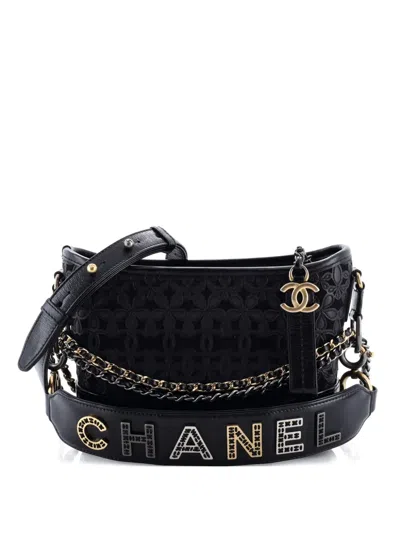 Pre-owned Chanel Gabrielle Hobo With Logo Handle Laser Cut Calfskin And Wool Felt Small Crossbody Bag In Black