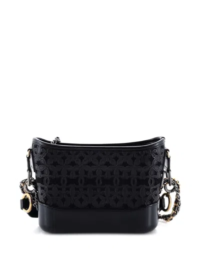 Pre-owned Chanel Gabrielle Hobo With Logo Handle Laser Cut Calfskin And Wool Felt Small Crossbody Bag In Black