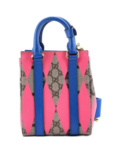Pre-owned Gucci Convertible Open Rhombus Gg Coated Canvas With Leather Mini Tote Bag In Pink