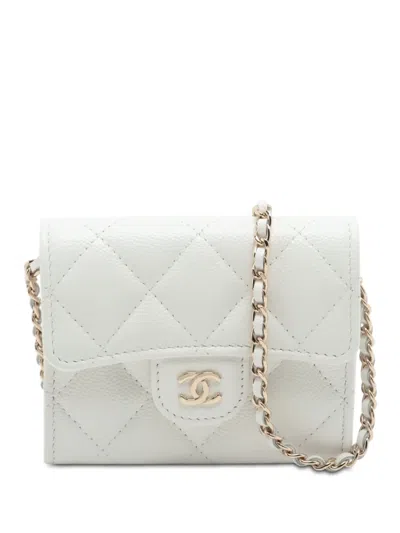 Pre-owned Chanel 2021-2025 Cc Quilted Caviar Flap Card Holder On Chain Crossbody Bag In White