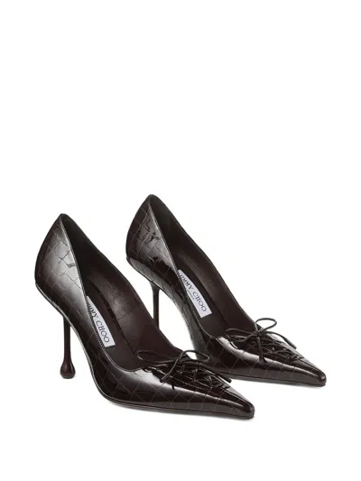 Jimmy Choo 95mm Scarlett Bow Croc-embossed Leather Pumps In Brown