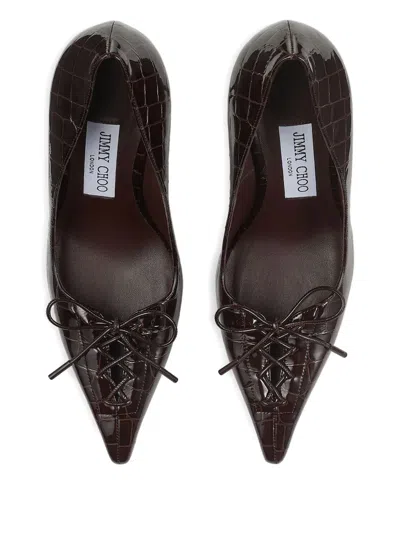 Jimmy Choo 95mm Scarlett Bow Croc-embossed Leather Pumps In Brown