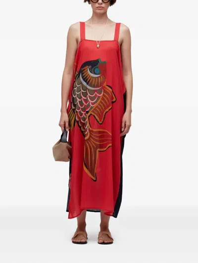 Osklen Pareo Peixe Fish-print Side-tie Two-way Maxi Dress In Red