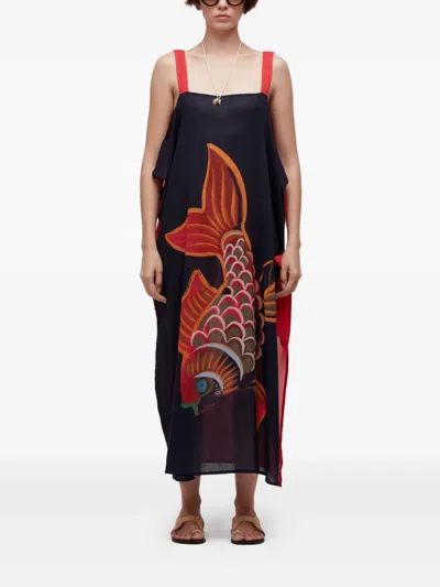 Osklen Pareo Peixe Fish-print Side-tie Two-way Maxi Dress In Red