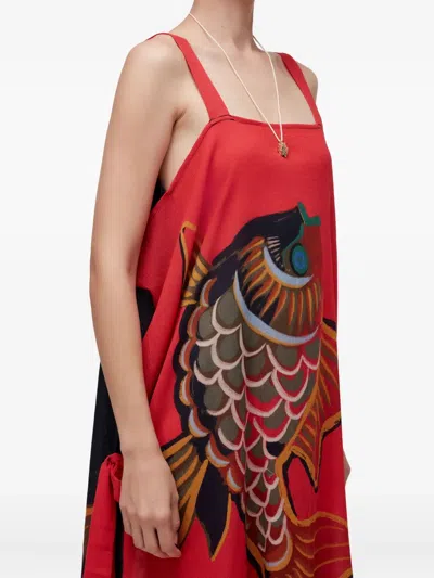 Osklen Pareo Peixe Fish-print Side-tie Two-way Maxi Dress In Red
