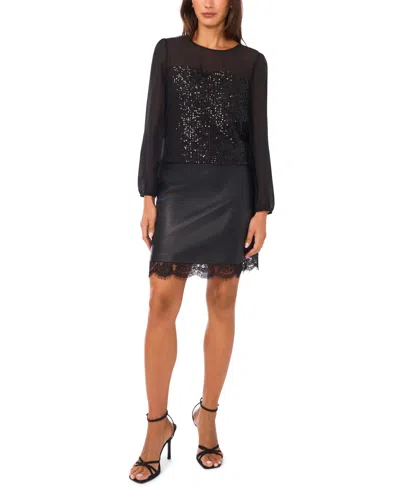 Vince Camuto Women's Sequin Crewneck Blouson Sleeve Top In Black